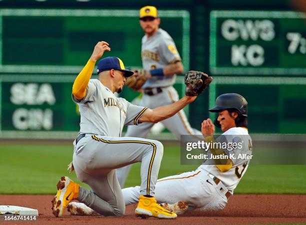 Willy Adames of the Milwaukee Brewers tags out Ji Hwan Bae of the Pittsburgh Pirates attempting to steal a base in the first inning at PNC Park on...