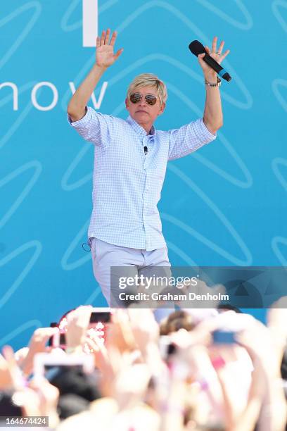 Television personality Ellen DeGeneres appears on stage during the filming of her television show at Birrarung Marr on March 26, 2013 in Melbourne,...