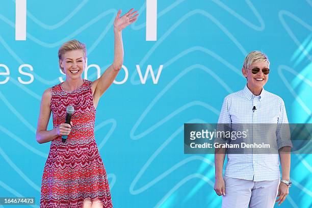 Television personality Ellen DeGeneres and Portia de Rossi appear on stage during the filming of her television show at Birrarung Marr on March 26,...