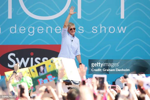 Television personality Ellen DeGeneres appears on stage during the filming of her television show at Birrarung Marr on March 26, 2013 in Melbourne,...