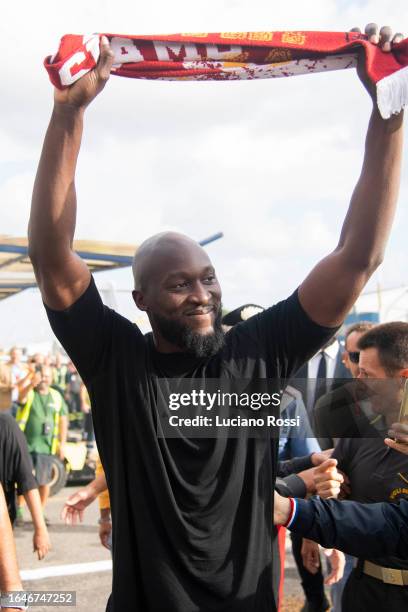 Roma new signing Romelu Lukaku is seen during his arrival at Ciampino Airport on August 29, 2023 in Rome, Italy.