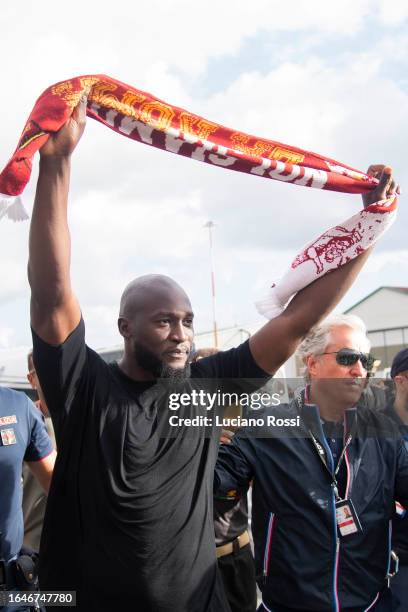 Roma new signing Romelu Lukaku is seen during his arrival at Ciampino Airport on August 29, 2023 in Rome, Italy.