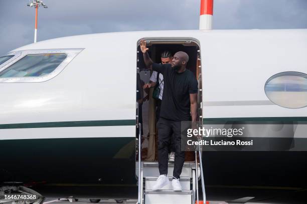 Roma new signing Romelu Lukaku is seen during his arrival at Ciampino Airport on August 29, 2023 in Rome, Italy.