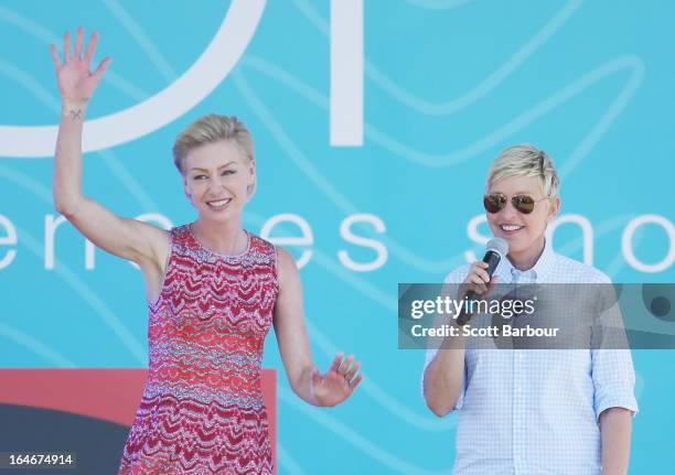 Television personality Ellen DeGeneres and her wife Portia de Rossi appear on stage during the filming of her television show at Birrarung Marr on...