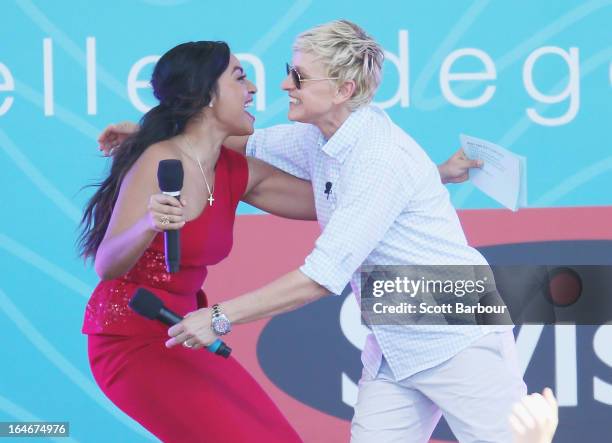 Television personality Ellen DeGeneres appears on stage with Australian singer Jessica Mauboy during the filming of her television show at Birrarung...