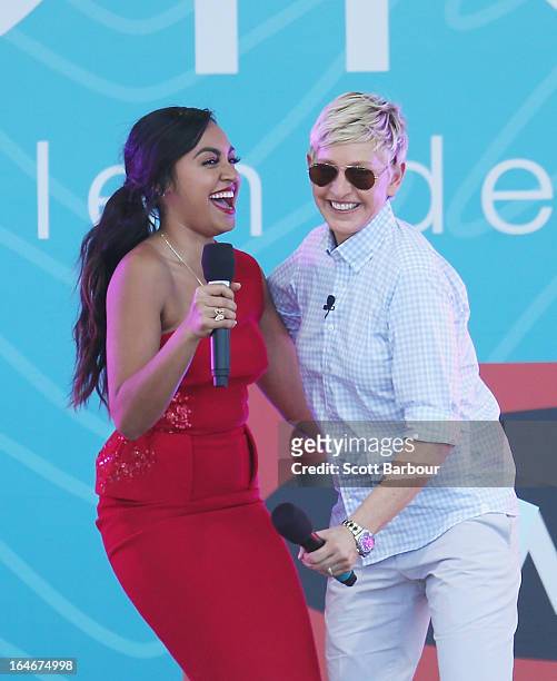 Television personality Ellen DeGeneres appears on stage with Australian singer Jessica Mauboy during the filming of her television show at Birrarung...