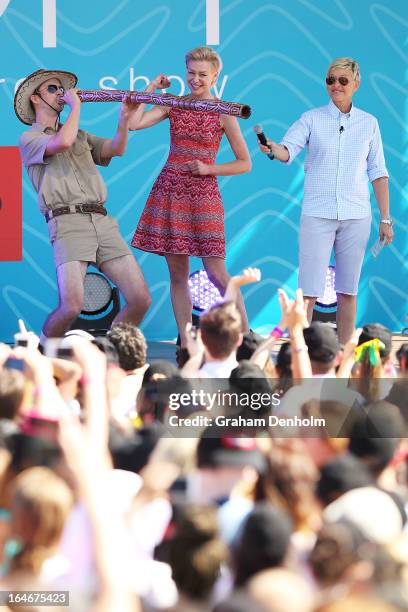 Television personality Ellen DeGeneres and Portia de Rossi appear on stage during the filming of her television show at Birrarung Marr on March 26,...