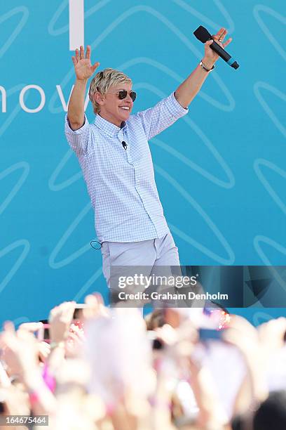Television personality Ellen DeGeneres appears on stage during the filming of her television show at Birrarung Marr on March 26, 2013 in Melbourne,...