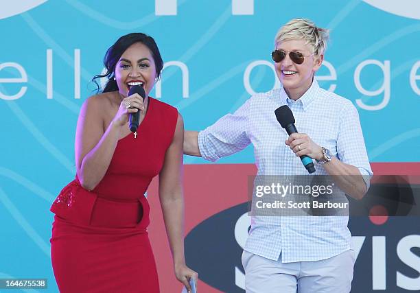 Television personality Ellen DeGeneres appears on stage with Australian singer Jessica Mauboy during the filming of her television show at Birrarung...