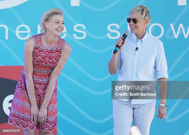 Television personality Ellen DeGeneres and her wife Portia de Rossi appear on stage during the filming of her television show at Birrarung Marr on...