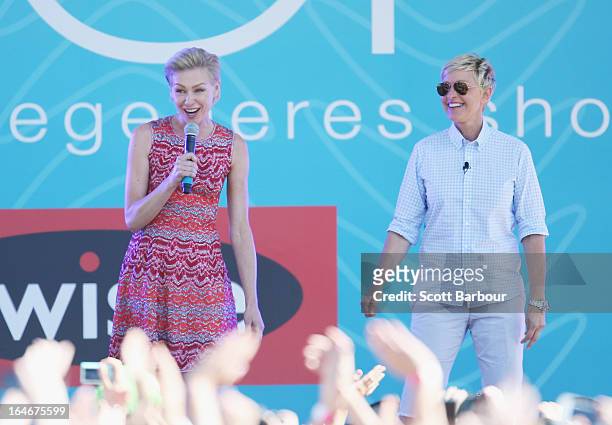 Television personality Ellen DeGeneres and her wife Portia de Rossi appear on stage during the filming of her television show at Birrarung Marr on...