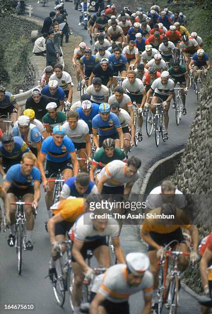 Athletes compete in the Cycling Road Individual Road Race at Hachioji Road Race Course during Tokyo Olympic on October 22, 1964 in Hachioji, Tokyo,...