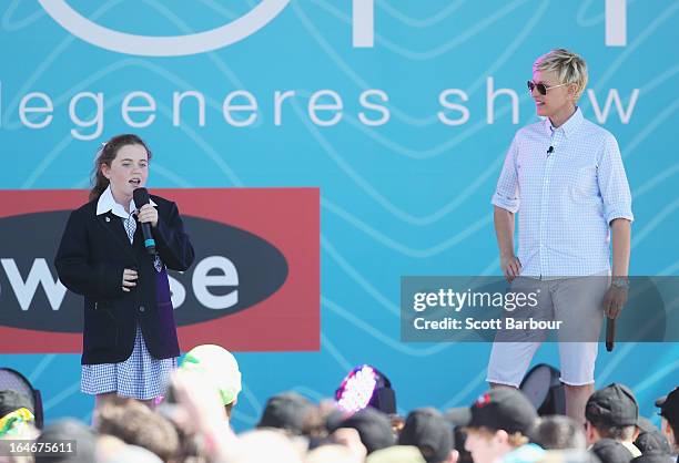 Television personality Ellen DeGeneres appears on stage with schoolgirl Georgia who sung for her during the filming of her television show at...