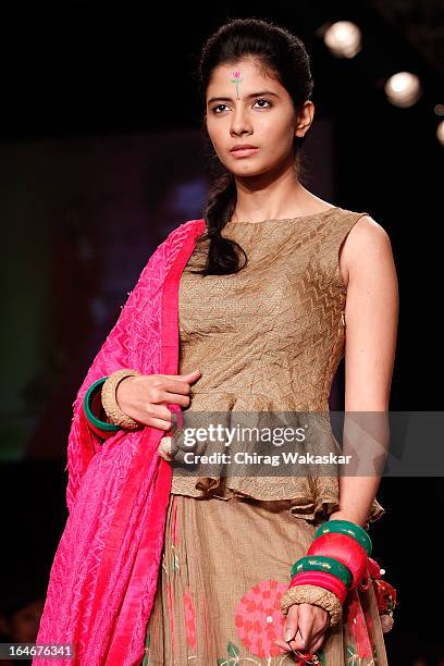 Model showcases designs by Gaurang on the runway during day four of Lakme Fashion Week Summer/Resort 2013 on March 25, 2013 at Grand Hyatt in Mumbai,...