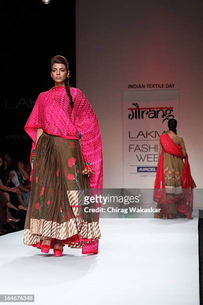 Model showcases designs by Gaurang on the runway during day four of Lakme Fashion Week Summer/Resort 2013 on March 25, 2013 at Grand Hyatt in Mumbai,...