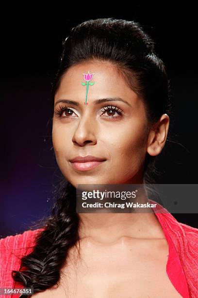 Model showcases designs by Gaurang on the runway during day four of Lakme Fashion Week Summer/Resort 2013 on March 25, 2013 at Grand Hyatt in Mumbai,...