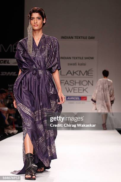 Model showcases designs by Swati Kalsi on the runway during day four of Lakme Fashion Week Summer/Resort 2013 on March 25, 2013 at Grand Hyatt in...