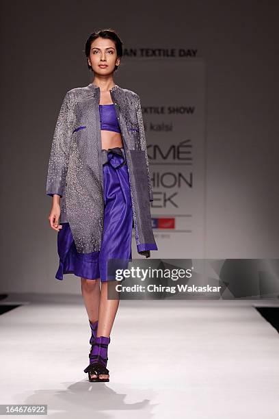 Model showcases designs by Swati Kalsi on the runway during day four of Lakme Fashion Week Summer/Resort 2013 on March 25, 2013 at Grand Hyatt in...