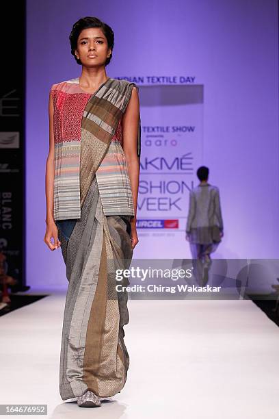 Model showcases designs by Gaurav Jai Gupta on the runway during day four of Lakme Fashion Week Summer/Resort 2013 on March 25, 2013 at Grand Hyatt...