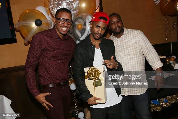 Jojo, Big Sean and Mike Brinkley attend Remy Martin V Celebrates Big Sean's 25th Birthday Dinner at Wolfgang's Steakhouse on March 25, 2013 in...