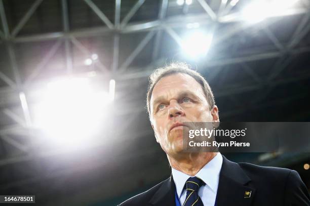 Holger Osieck, coach of the Socceroos, looks on during the FIFA 2014 World Cup Qualifier match between the Australian Socceroos and Oman at ANZ...