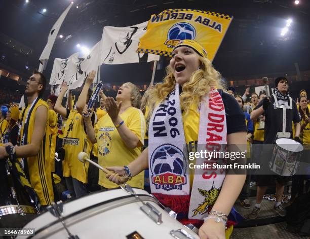 Fans of Berlin cheer during the Beko BBLTop Four final game between Ratiopharm Ulm and Alba Berlin at O2 World on March 24, 2013 in Berlin, Germany.