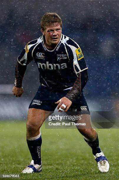 Daniel Braid of Sale in action during the Aviva Premiership match between Sale Sharks and Bath Rugby at the Salford City Stadium on March 22, 2013 in...