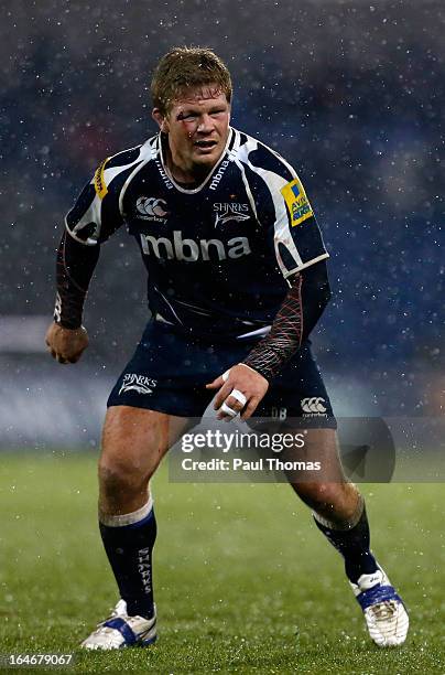 Daniel Braid of Sale in action during the Aviva Premiership match between Sale Sharks and Bath Rugby at the Salford City Stadium on March 22, 2013 in...