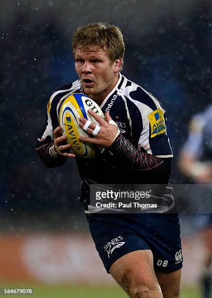 Daniel Braid of Sale in action during the Aviva Premiership match between Sale Sharks and Bath Rugby at the Salford City Stadium on March 22, 2013 in...