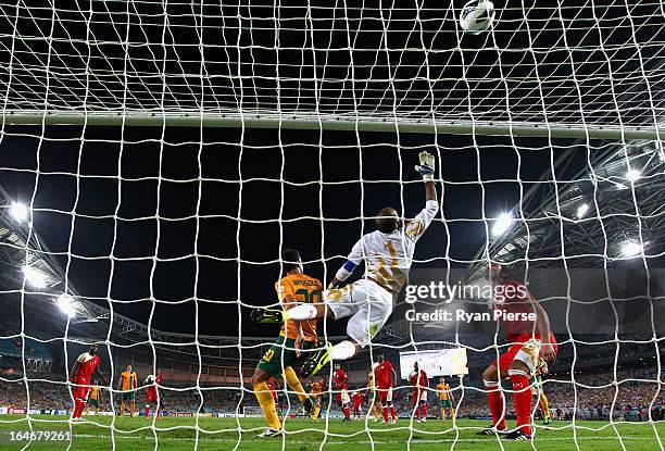 Ali Al Habsi of Oman makes a save during the FIFA 2014 World Cup Qualifier match between the Australian Socceroos and Oman at ANZ Stadium on March...