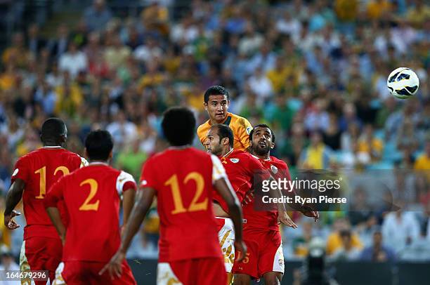 Tim Cahill of the Socceroos heads towards goal during the FIFA 2014 World Cup Qualifier match between the Australian Socceroos and Oman at ANZ...