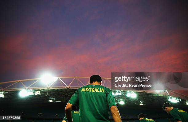 The Socceroos warm up before the FIFA 2014 World Cup Qualifier match between the Australian Socceroos and Oman at ANZ Stadium on March 26, 2013 in...