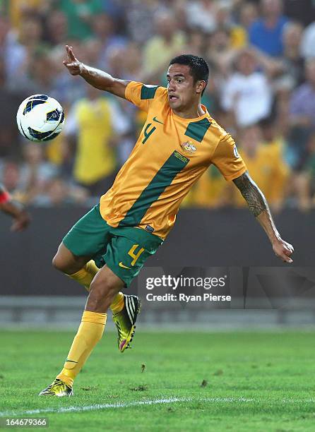 Tim Cahill of the Socceroos shoots at goal during the FIFA 2014 World Cup Qualifier match between the Australian Socceroos and Oman at ANZ Stadium on...