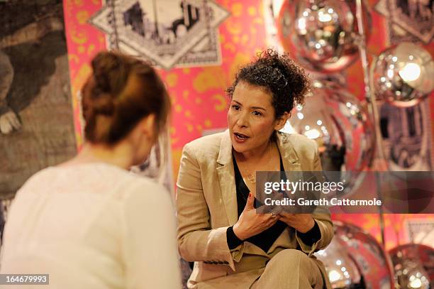 Mariane Pearl interviews after a press conference to announce "The Sound Of Change Live", a global concert event, at the Soho Hotel on March 26, 2013...