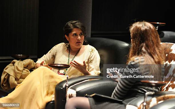 Sharmeen Obaid-Chinoy interviews after a press conference to announce "The Sound Of Change Live", a global concert event, at the Soho Hotel on March...