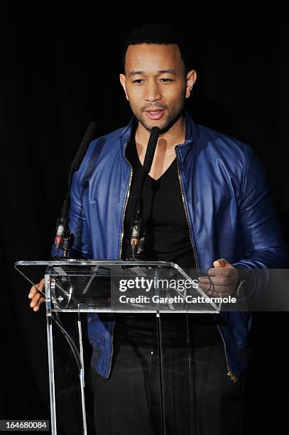 John Legend speaks at a press conference to announce "The Sound Of Change Live", a global concert event, at the Soho Hotel on March 26, 2013 in...