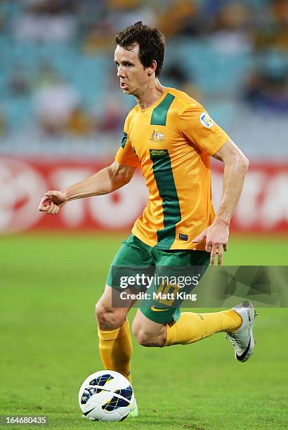 Robbie Kruse of the Socceroos controls the ball during the FIFA 2014 World Cup Qualifier match between the Australian Socceroos and Oman at ANZ...