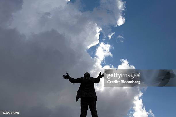 Weather clouds gather over a statue to Trade Unionist James Larkin as the sculpture stands on O'Connell Street in Dublin, Ireland, on Saturday, March...