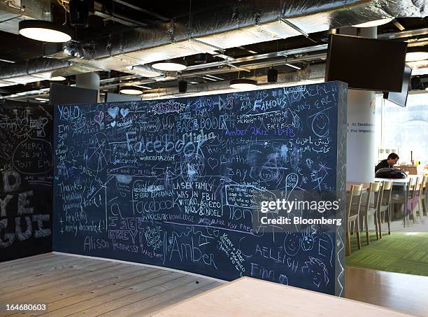 Blackboard is decorated with heart symbols and a message that reads 'I Love Facebook' inside the offices of Facebook Inc.'s European headquarters at...