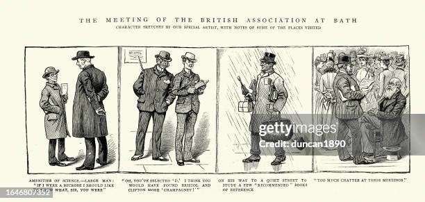 comic sketches from the meeting of the british association at bath, bradford-on-avon, victorian, 1888, 19th century - bath england stock illustrations