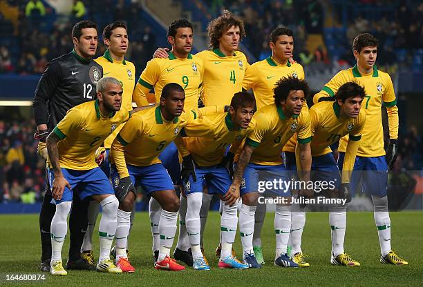 The Brazil team line up during the International Friendly match between Russia and Brazil at Stamford Bridge on March 25, 2013 in London, England.