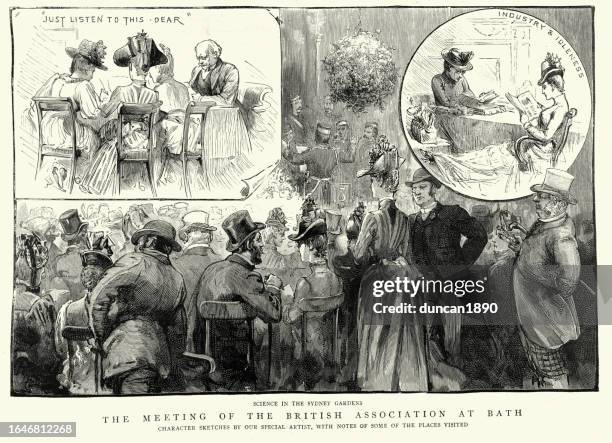 science lectures in the sydney gardens, victorian womens education, sketches from the meeting of the british association at bath, bradford-on-avon, victorian, 1888, 19th century - bath england stock illustrations