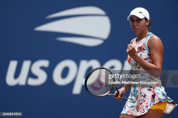 Madison Keys of the United States reacts against Arantxa Rus of the Netherlands during their Women's Singles First Round match on Day Two of the 2023...