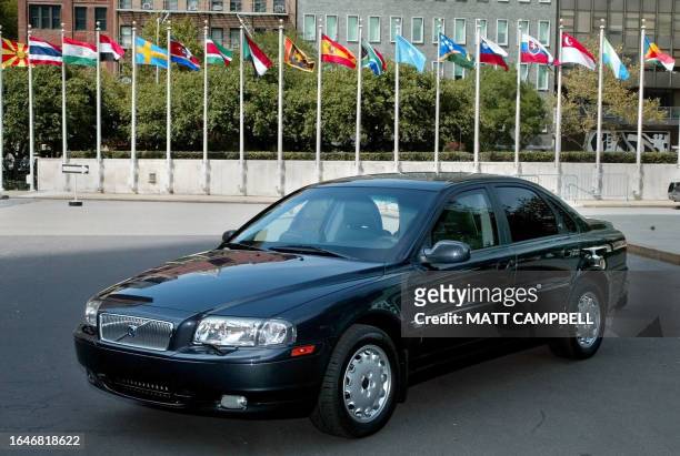 Specially-equipped armoured Volvo S80 T-5 presented by the Volvo Car Company to United Nations Secretary General Kofi Annan sits in the driveway of...