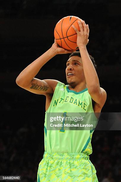 Cameron Biedscheid of the Notre Dame Fighting Irish takes a jump shot during a quarterfinal Big East Basketball Tournament game against the Marquette...