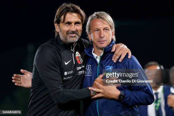 William Viali head coach of Ascoli Calcio and Stefano Vecchi head coach of FeralpiSalò during the Serie B BKT match between Ascoli and FeralpiSalò at...