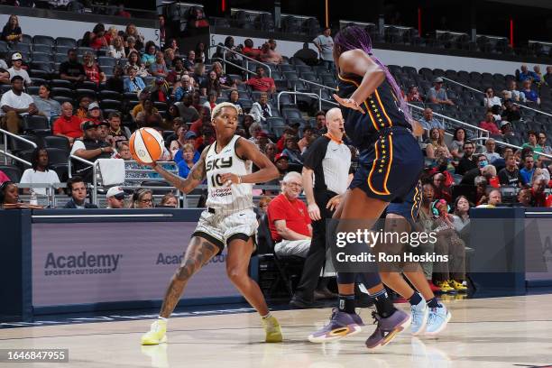 Courtney Williams of the Chicago Sky looks to pass the ball during the game against the Indiana Fever on September 5, 2023 at Gainbridge Fieldhouse...