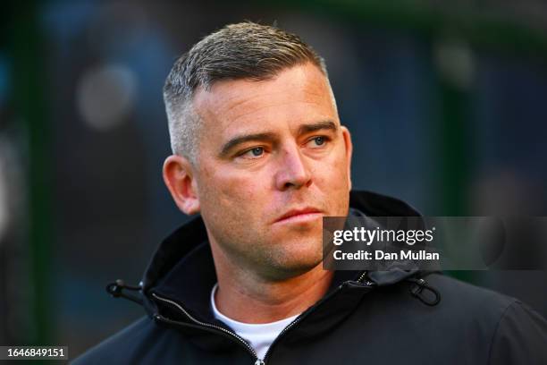 Steven Schumacher, Head Coach of Plymouth Argyle, looks on prior to the Carabao Cup Second Round match between Plymouth Argyle and Crystal Palace at...