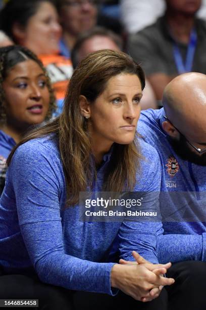 Stephanie White Head Coach of the Connecticut Sun looks on during the game on September 5, 2023 at the Mohegan Sun Arena in Uncasville, Connecticut....
