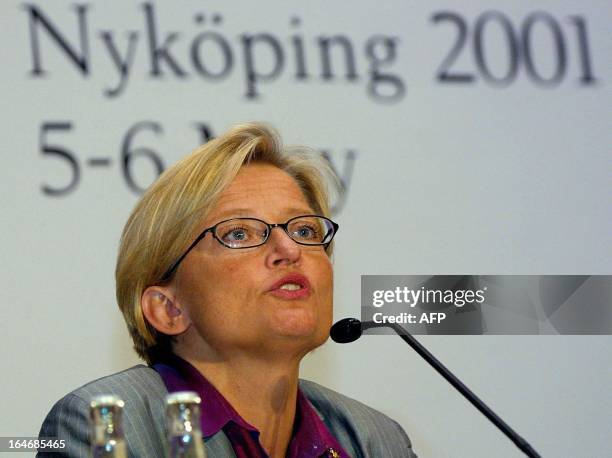 Swedish Foreign Minister Anna Lindh gives a speech 04 May 2001, during a press conference where she presented the informal meeting of the European...